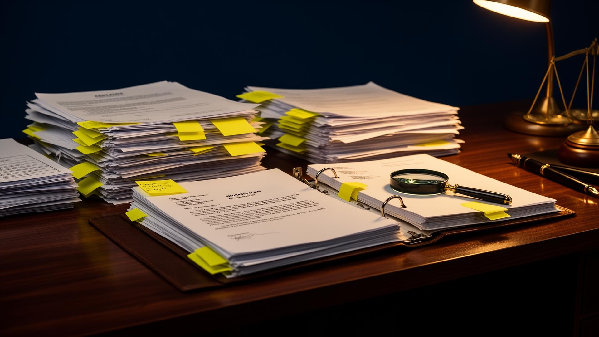 Organized stack of insurance claim correspondence with tabs and annotations